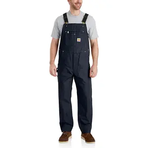 Carhartt Men's Sleeveless Personalized Relaxed Fit Cotton Duck Work Overalls Navy- Elastic Stretch Fabric, Elastic Waist, Plain Design, Suspenders, Kick Panels, Zip Pocket, Navy Menswear, Armless Overalls, Built-In Pockets Overalls
