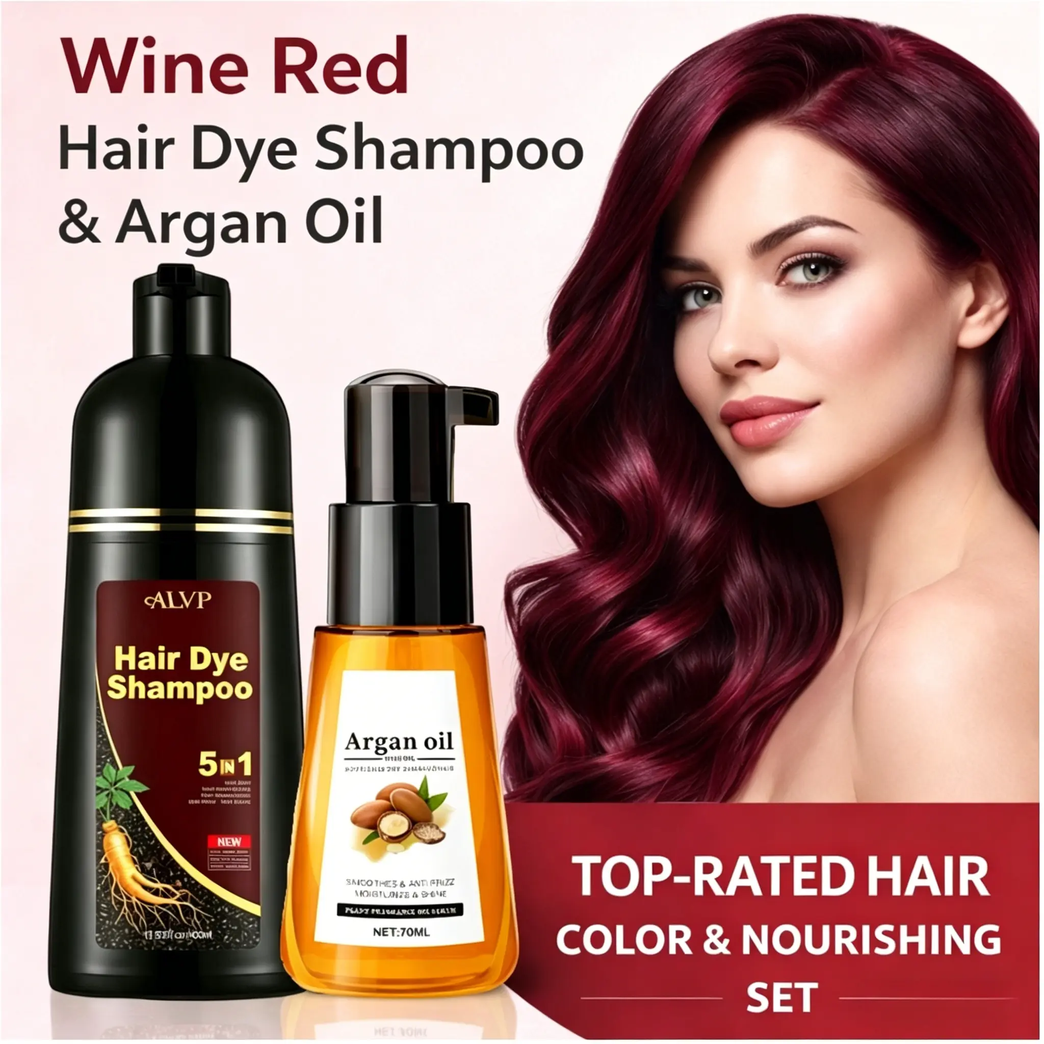 ALVP 2026 5-in-1 Herbal Hair Color Shampoo in Wine Red for Gray Coverage, Plant Based Formula with Ginseng, Hypoallergenic for Women & Men