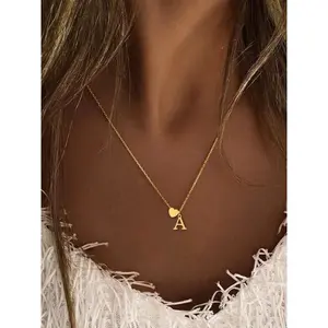 Classic Heart-Shaped Letter Name Engraved Pendant Necklace, Personalized Initial A-Z Fashion Love Necklace for Her