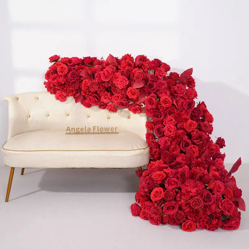 A875206 Decorative Red Burgundy Rose Orchid & Palm Mix Flowers, Large Size 7.55x2.3ft Runner A (90.55x27.56in Fit) for Table, Sofa, Wedding Banquet Decor Props