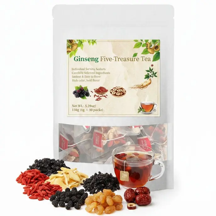 Organic Ginseng 5-Treasure Vital Herbal Beverage - Kidney Health Tea, Natural Detox Cleanse Formula with Ginseng, Red Date, Mulberry, Boxed Packs for Long-Term Support, Herbal Flavor for Adults, Detox Cleanse Tea christmas gift