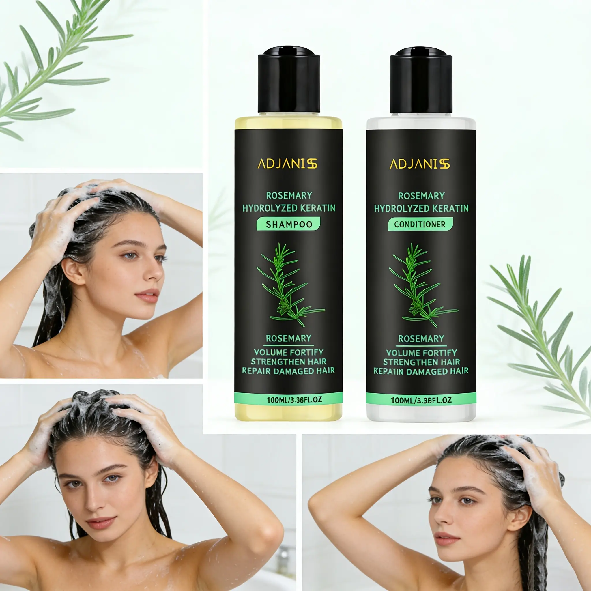 Adjaniss Rosemary Nourishing Oil Control Cleansing Haircare Bundle, Shampoo + Conditioner, 100ML Each, Suitable for All Hair Types, Ideal Travel Choice
