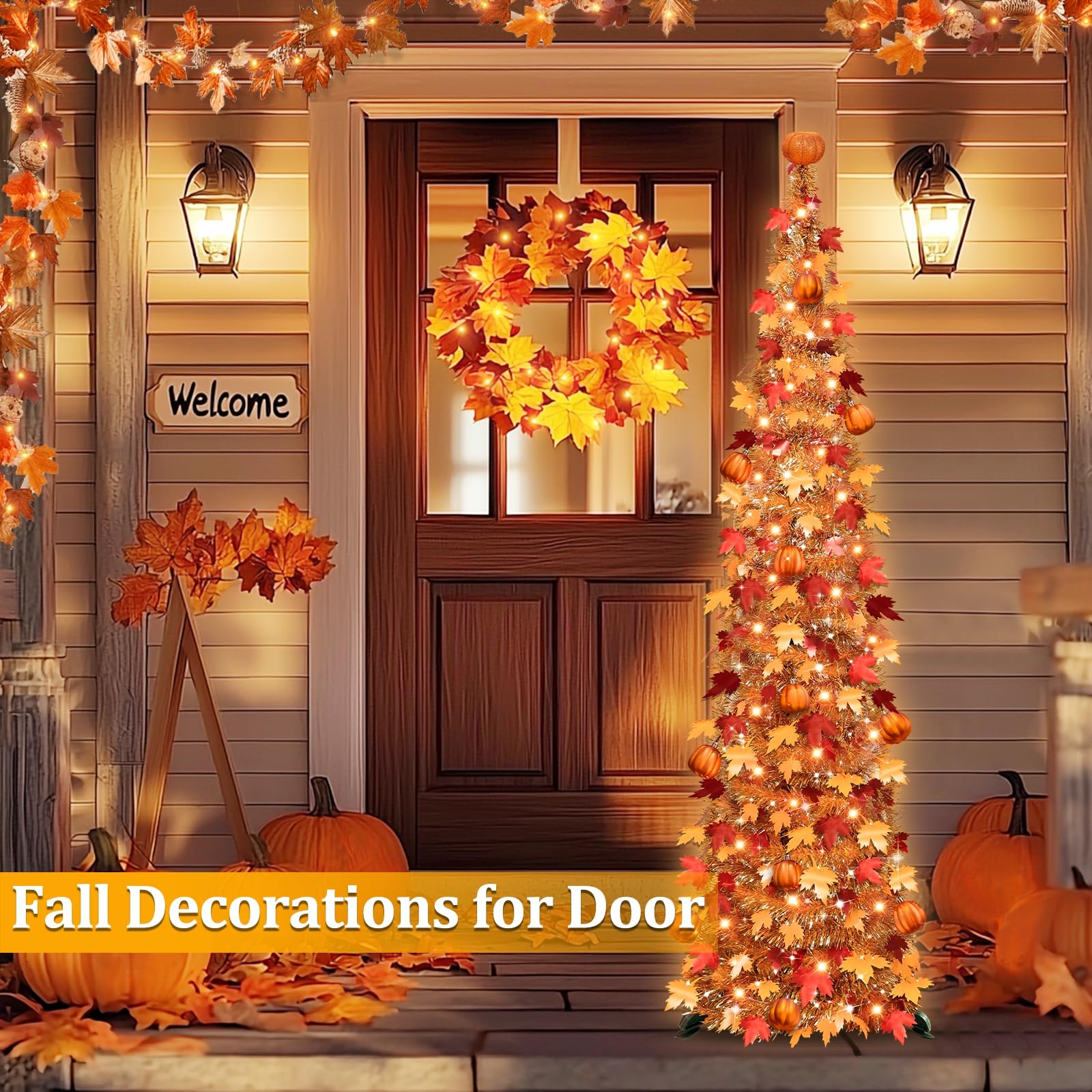 TURNMEON 5 FT Fall Tree Fall Decor, Pop Up Tinsel Maples Tree with 50 Warm White Lights Orange Pumpkins Battery Operated Lighted Halloween Tree Fall Decorations for Home Harvest Thanksgiving Party Indoor