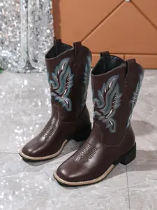 Women's Vintage Embroidered Western Cowboy Boots, Cowgirl Boots, Slip-On Square Toe Mid-Calf Boot, Ethnic Style Fashionable Riding Boots