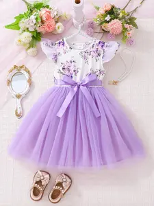 Girls Summer New Floral Mesh Princess Dress, Fresh Flowers, Cute Butterfly Knot Waist, Perfect for Daily and Birthdays, Floral Pattern Dress