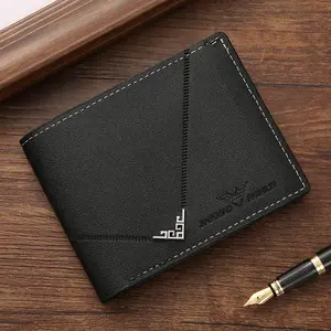 Lychee Texture PU Leather Men's Wallet Short Cash Purse Multi Card Slot Patchwork Card Holder Photo Holder Horizontal Money Clip