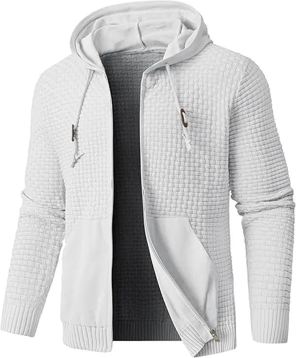 Hypestfit Men's Full-Zip Hooded Cardigan Sweater - Long Sleeve, Loose Fit, Medium, Plain, With Pockets, Casual Menswear Top (Army Green, Beige), Longsleeves
