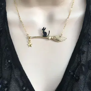 [Limited time event] Halloween series magic broom black cat necklace female simple personality pendant jewelry gift versatile fashion personality creative design