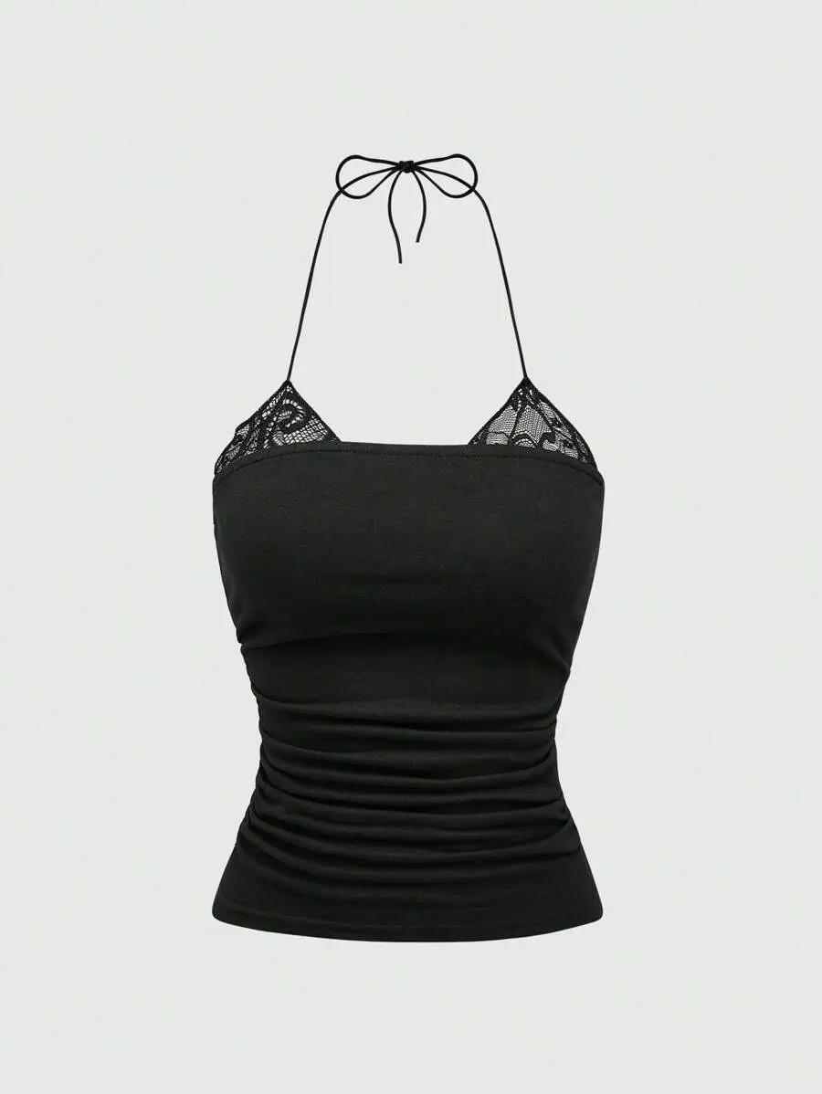 Fairycore Spring/Summer Valentine's Day Women's Basic Lace Trim Mock Neck Pleated Camisole
