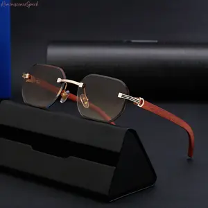 Unisex Rimless Sunglasses, Vintage-inspired design with wood grain temples and UV400 lenses, lightweight metal & PC eyewear ideal for men and women, perfect for everyday use and fashion styling
