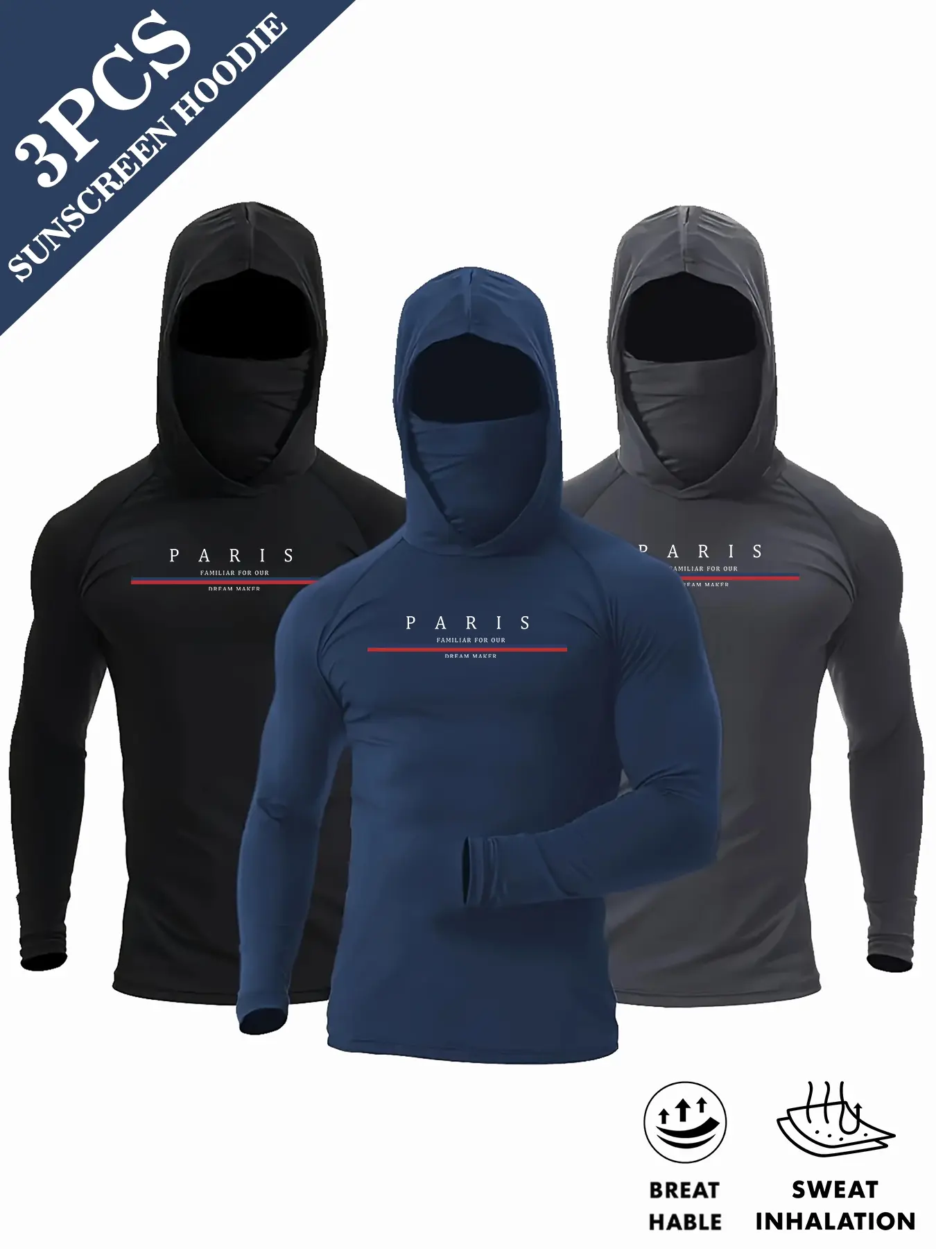 Set of 3 men's quick-drying windproof hooded long-sleeve sports tops, includes face mask, suitable for outdoor activities, running, and fitness compression sportswear, Athletic Hoodies, Quick Dry Activewear, Fitness Clothes, Activewear Clothing