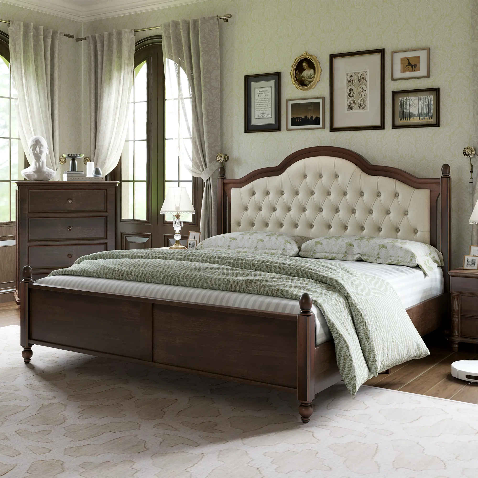 AMERLIFE Solid Wood Bed Frame: Transitional Platform with 52.5" Upholstered Tufted Headboard/No Box Spring Needed,Best Gift Ideas/Christmas Gifts, Queen Size Bed Frame, King Size Bed Frame