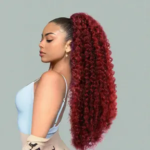 Ponytail Extension 20 Inch Drawstring Afro Kinky Curly Hair Extension for Black Women Clip in Fluffy Pony Tail Hairpiece Natural Synthetic Hair Piece for Party Daily Use Burgundy
