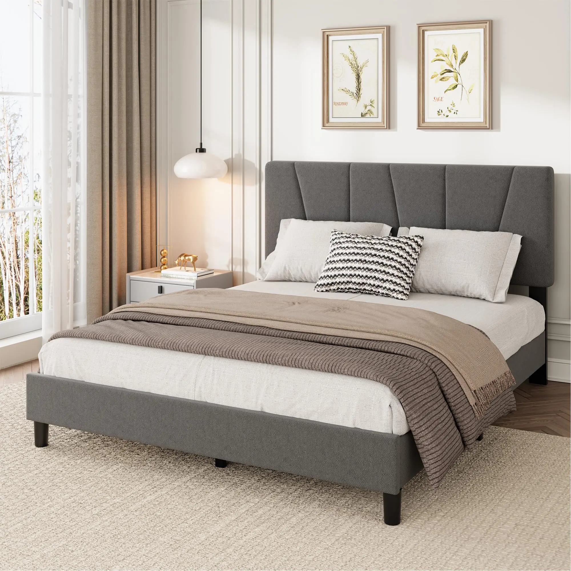 Garvee - Marco de Cama de tamaño matrimonial con cabecera Ajustable, Plataforma Completa tapizada de Lino con Listones de Madera Fuertes, Base de colchón, no Necesita somier, fácil Montaje