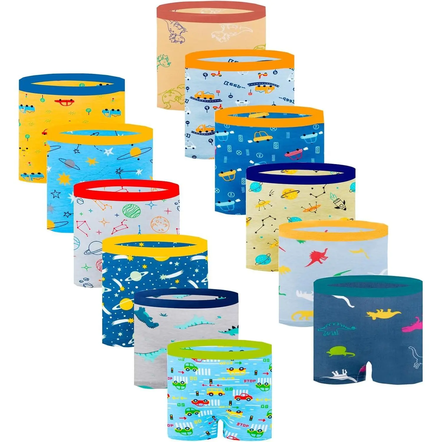 KF5-UWA02 Boys' Graphic Cotton Boxer Shorts - 12 Pack, S-M-L-XXXL Sizes, 2-13 Years Kids' Underwear, Elastic Waistband, 12 Different Patterns, 10 - 11 Years, 2-3T