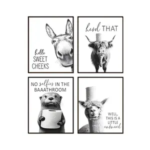 A rural-style poster featuring a picture of a donkey and a cow, an amusing bathroom wall decoration, a black and white bathroom logo decoration, interesting animal head portraits, suitable for bathrooms and bedrooms.