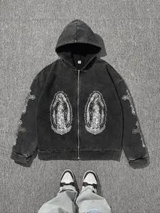 Men's Regular Fit Guadalupe Print Zip Up Hoodie, Casual Retro Long Sleeve Hooded Sweatshirt for Spring & Fall, Fashion Men's Clothes for Daily Wear, Tops, Clothing, Cotton