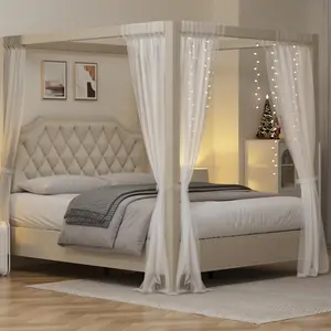 Gaomon Queen Size Upholstered Canopy Bed Frame with Headboard, Button Tufted & Nailhead Trim, No Box Spring Required, Natural Bedroom Furniture, Bed Frames for Queen, Queen Bed Frame With Headboard