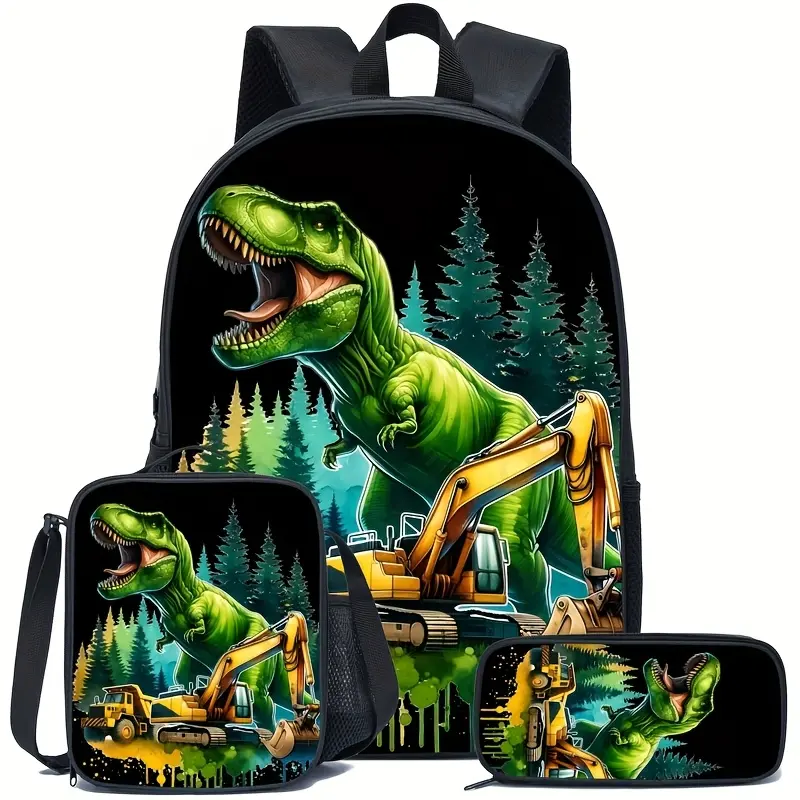 Large Black Dinosaur-Themed Backpack Set - Black, Adjustable Zippered, Animated Graphic, Beasts Graphic, Artistic Cartoon Backpack with Lightweight Design, Dinosaur Figure, Animal-Faced Character for Teenagers' Daily Commutes, Black Backpacks, Adjustable