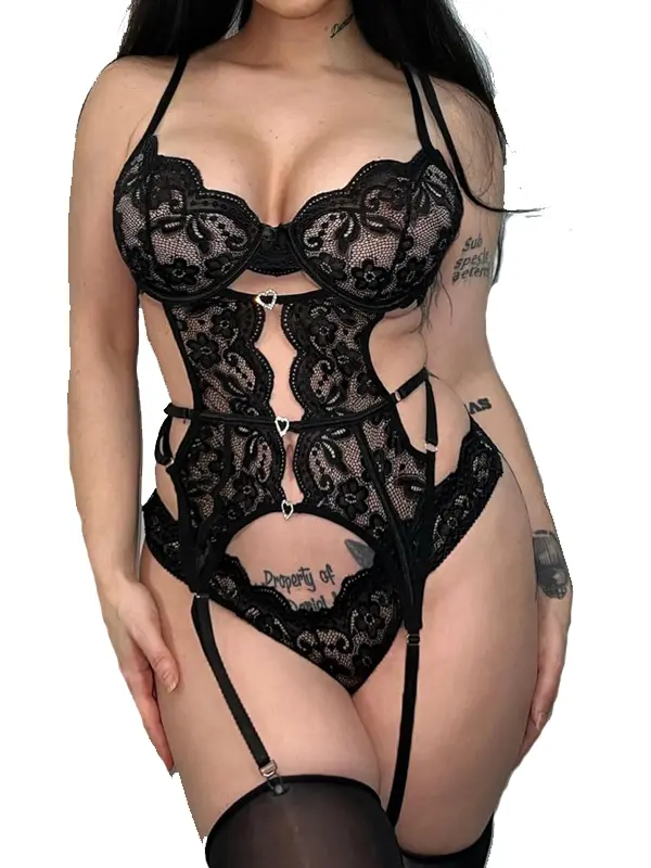 Women's Sexy V-Neck Lingerie Set in Red Floral Lace with Rhinestones, 3-Piece Cut-Out Bralette, Sheer Panty and Stockings, Lingerie For Women, Lace Fabric, Floral Print, Sexy Look, Clothes, Machine Wash, Lace Underwear, Undergarments