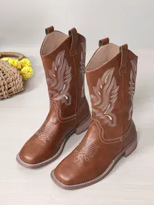 Women's Vintage Embroidered Western Cowboy Boots, Slip-On Square Toe Mid-Calf Boot, Ethnic Style Fashionable Riding Boots