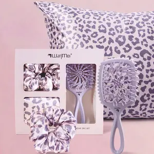 Leopard Print Satin Hair Care Set with Vent Detangling Brush, Matching Scrunchie and Satin Pillowcase, Anti-Frizz Styling Kit for Smooth, Tangle-Free and Healthy Hair, Hair Care Essentials