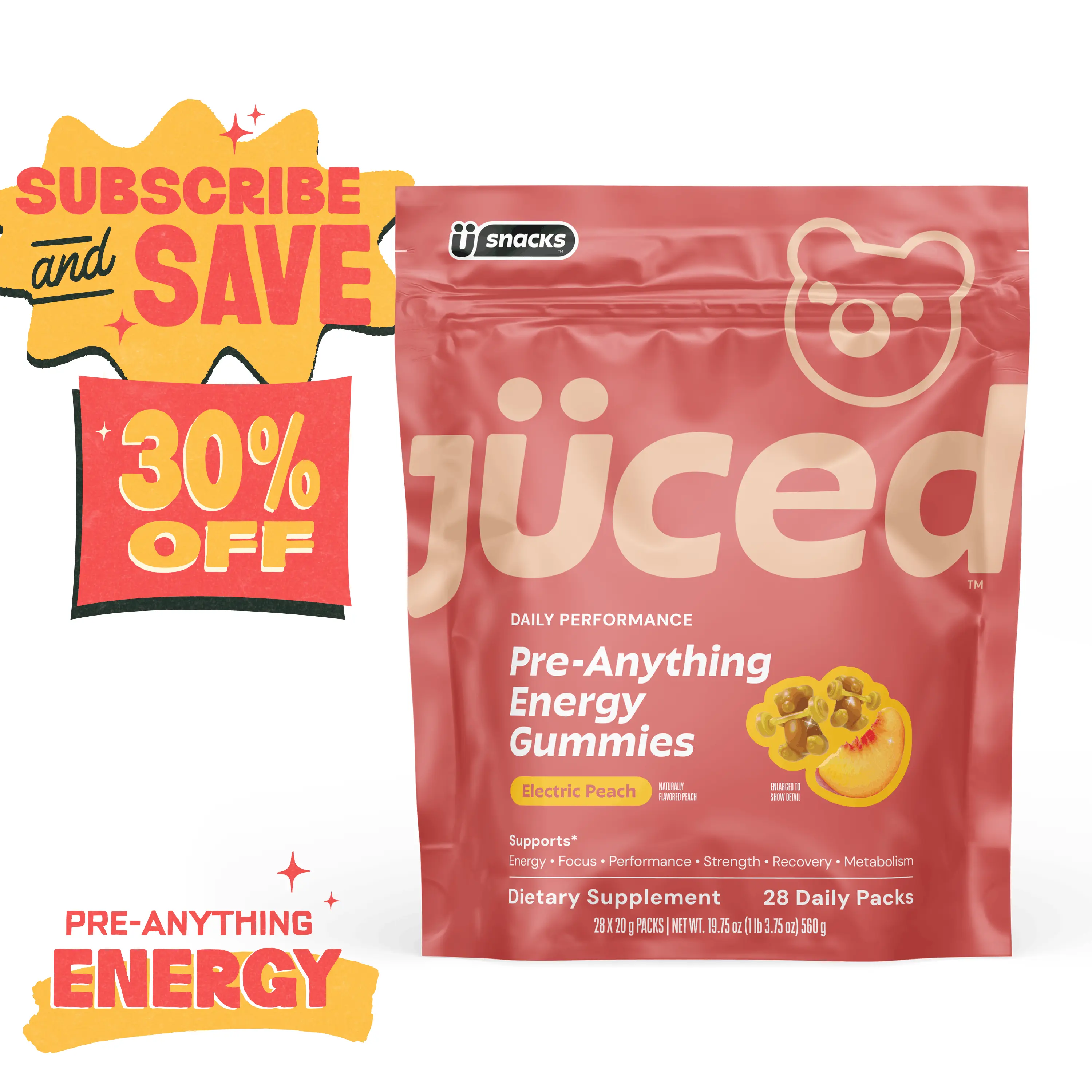 Jüced Energy Gummies | Peach Pre-Anything Gummies | 75mg Natural Caffeine plus L-Carnitine, DuraBeet Betaine, and Rhodiola Rosea to support energy, endurance, and stress management | Vegan & Gluten-Free | 28 Daily Packs