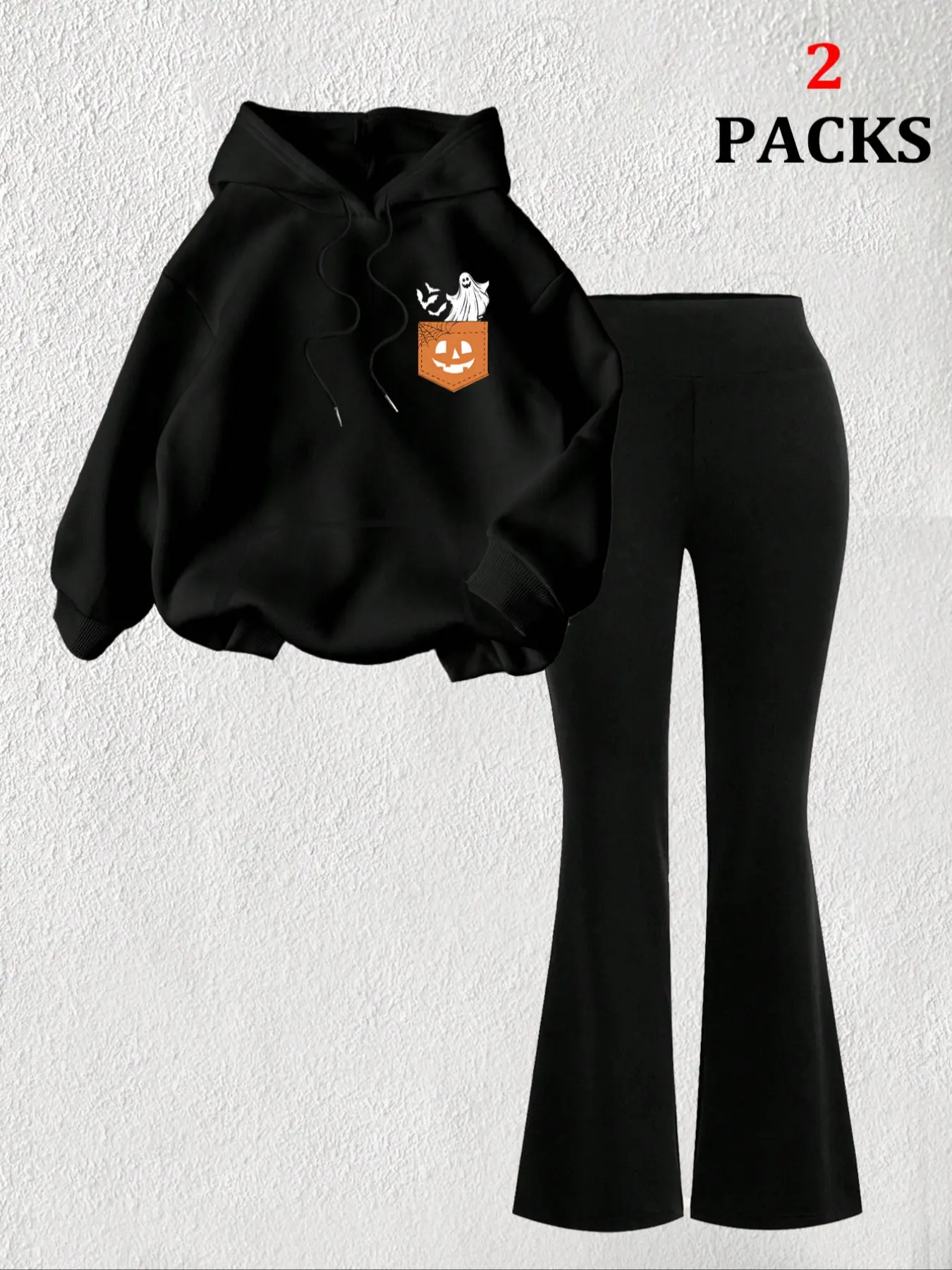 Women's Halloween Ghost Print Warm Sweatshirt + Slim Fit Comfortable Flare Pants Set, Casual Winter, 2 Piece Set