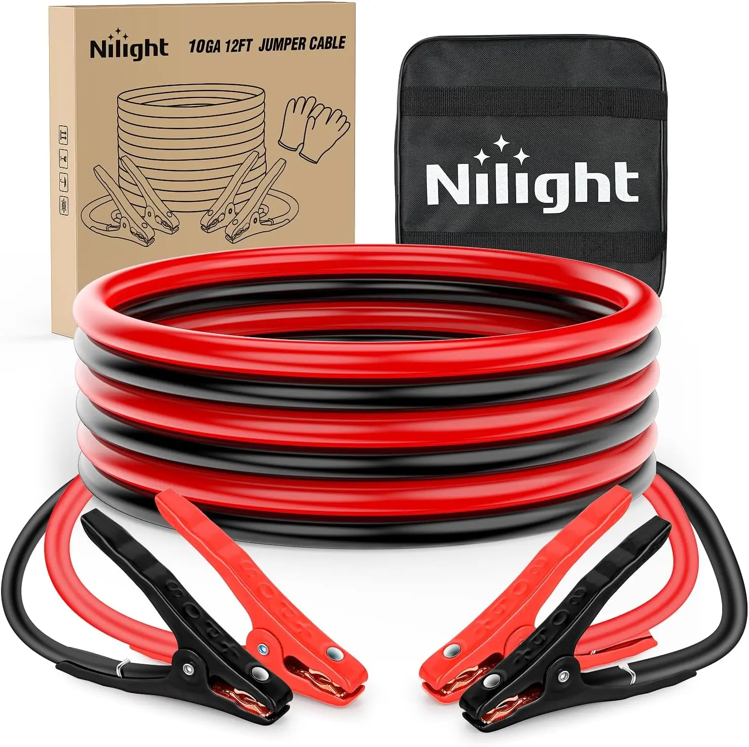Nilight Heavy-Duty Automotive PVC Car Battery Jumper Cables - Cold-Ready, 0/1/2/4/6/8/10 Gauge, 12/16/20/25/30 FT, 200A Peak Power, Tangle-Free Emergency Boost Kit with Storage Bag for Sedan, Trucks