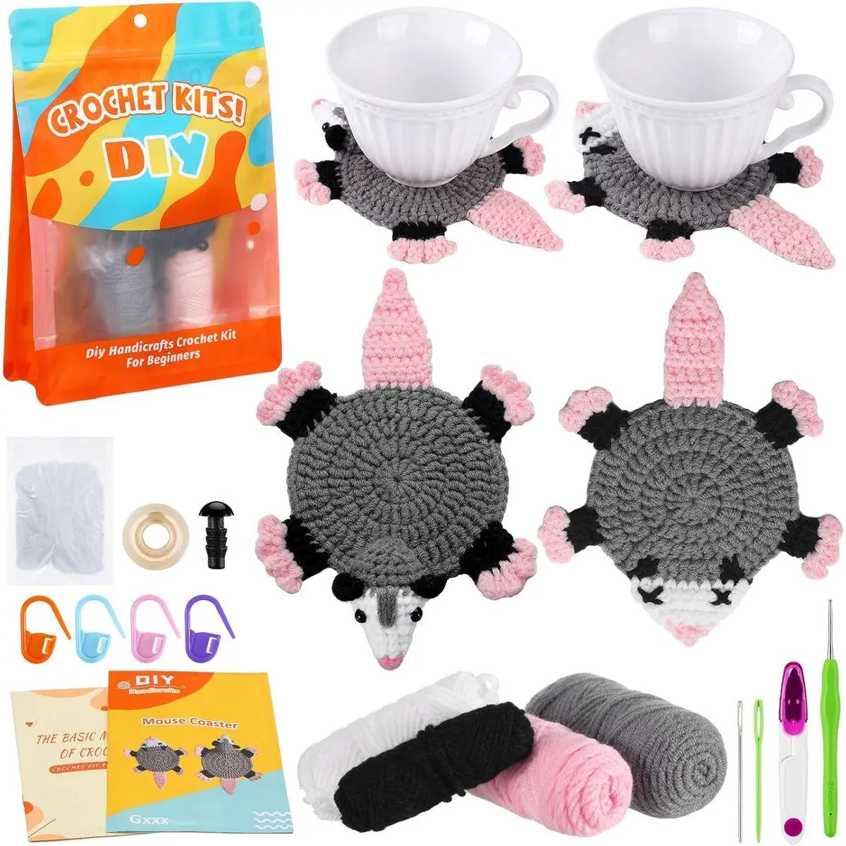Possum Crochet Kit for Beginners Opossum Coaster Crochet Knitting DIY Craft Kit with Step by Step Video Tutorials Mini Handmade Opossum Gift for Women