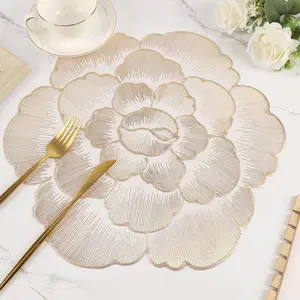 Round Floral Table Place Mats Set of 6, Gold Placemats Pressed Vinyl Plate Mats Washable Non-Slip for Table Centerpieces Decorations Weddings Birthday