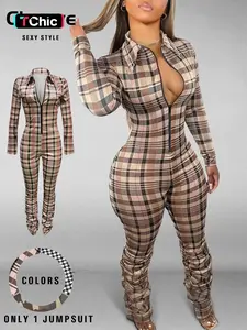 Women's Sexy Casual Plaid Bodycon Jumpsuit with Collared, Zipper Front & Ruched Design, Tight-Fitting Long Sleeve Jumpsuit for Fall & Winter