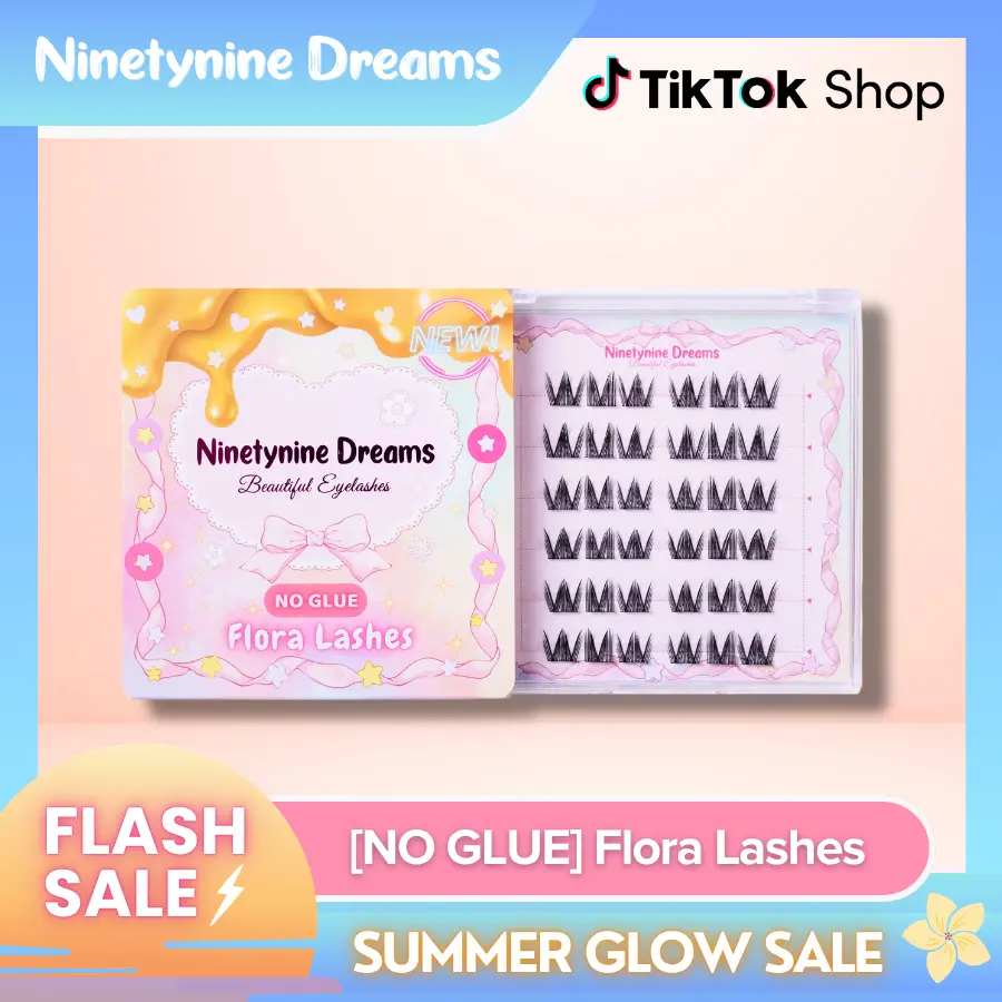 Ninetynine Dreams [NO GLUE] Flora Self-Adhesive Lashes | Press-On No Glue Required False Eyelashes 9–12 mm C+ Curl Spiky Anime Manhua Style, Ultra-Thin Self-Stick Band Reusable Natural DIY Beginner-Friendly Clusters