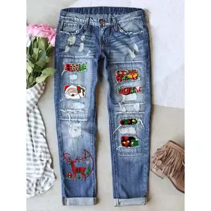 Women's Christmas Special Fashion Santa Reindeer Snowman Print Jeans Washed Distressed Ripped Cat Whiskers Breathable Comfort FitRAIMENTRY