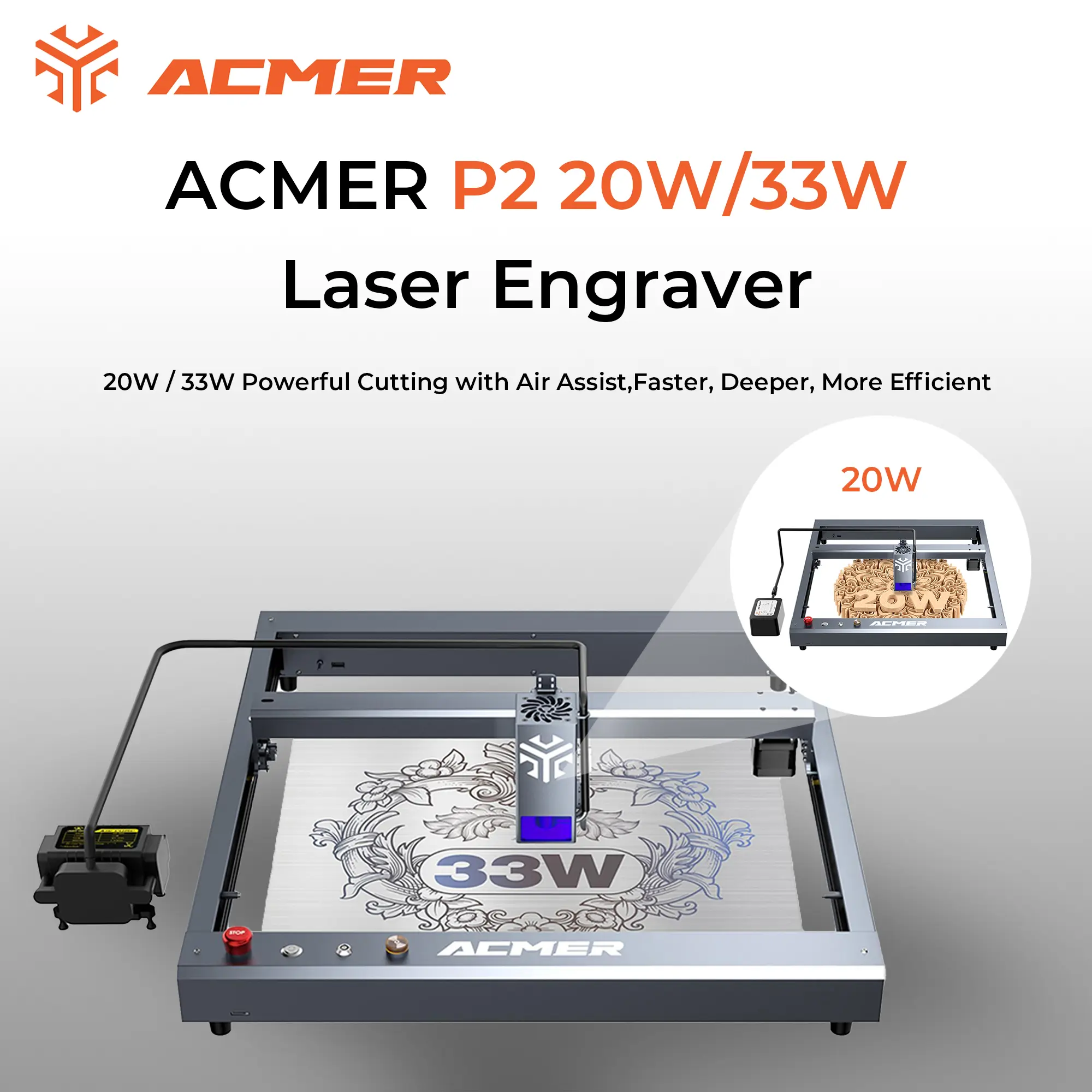 ACMER P2 Series 20W/33W Laser Engraver & Cutter, Fast Speed Beginner-Friendly Machine with Air Assist Kit, APP & WiFi Control, Cleaner Cuts, Flexible for Different Materials, Ideal for Custom Gifts (3D Printing Supplies for Office Equipment)