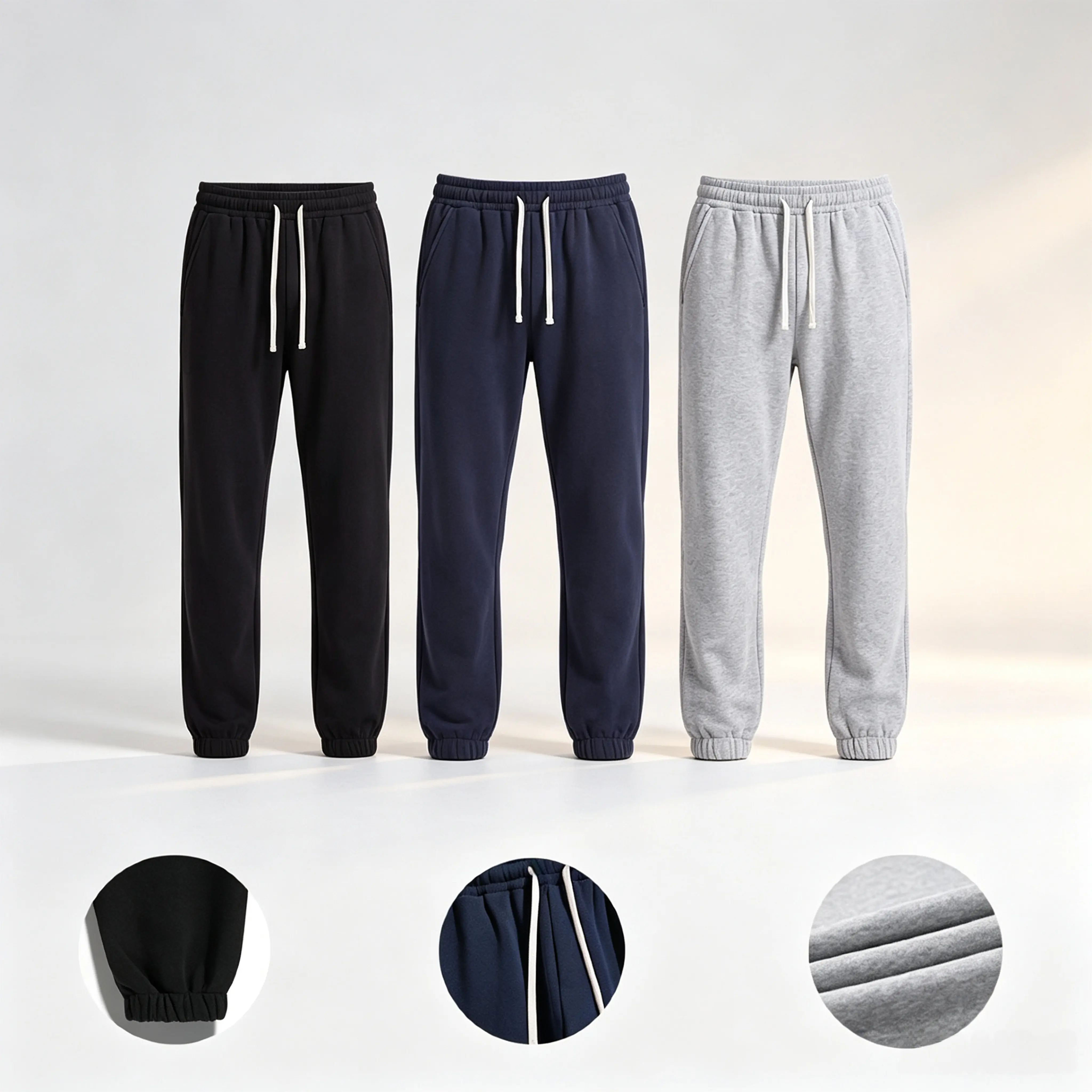 Men's Polyester Loose-Fit Mid-Waist Solid Color Contrast White Joggers - Drawstring Cuffs, Ribbed Hems, Elastic Waistband, Side Pockets, American Trendy Street Casual Style, for Everyday Commuting & Light Jogging, Commute