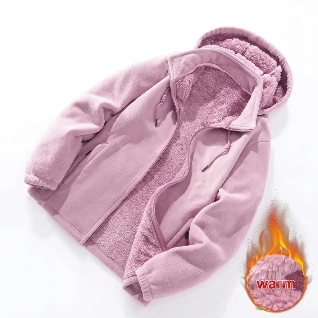 Women’s autumn/winter fleece jacket/cardigan with thick lining for warmth, hooded, casual and stylish, suitable for outdoor sports, detachable hood