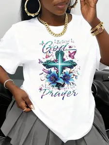 I Believe In God And The Power Of Prayer Cross Floral Design Religious Christian Faith Statement Black T-Shirt For Women Faith Inspired Graphic Tee Spiritual Gift For Easter Christmas And Everyday Wear