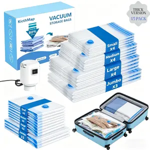 Travel Compression Bags for Luggage, 15 Count Vacuum Space Saver Bags with Electric Pump, Reusable Clothes Packing Organizer for Vacation, Camping, Cruise, Flight and Weekend Trips