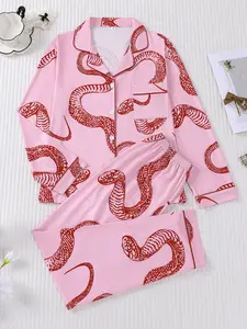 2-piece women's Pajama set with all-over cobra Snake print, long sleeves, long pants, small pocket, button closure, elastic waistband, soft and comfortable, skin-friendly, Fitted, suitable for all seasons, home leisure, daily wear, sleepwear