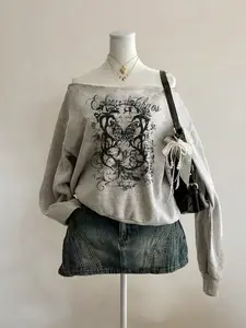 Women's Y2K Gothic Style Off-Shoulder Long Sleeve Sweater, Sweatshirts, Butterfly Totem Letter Print Loose-Fitting Casual Top, Womenswear, Lady, All Seasons Essential