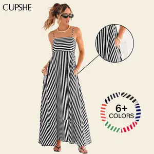 CUPSHE TikTokShopSpringGlowUp Waist Striped Maxi Dress: Viral Flattering Square Neck Sundress for Beach Vacation & Resort Wear (Size XS-XXL)