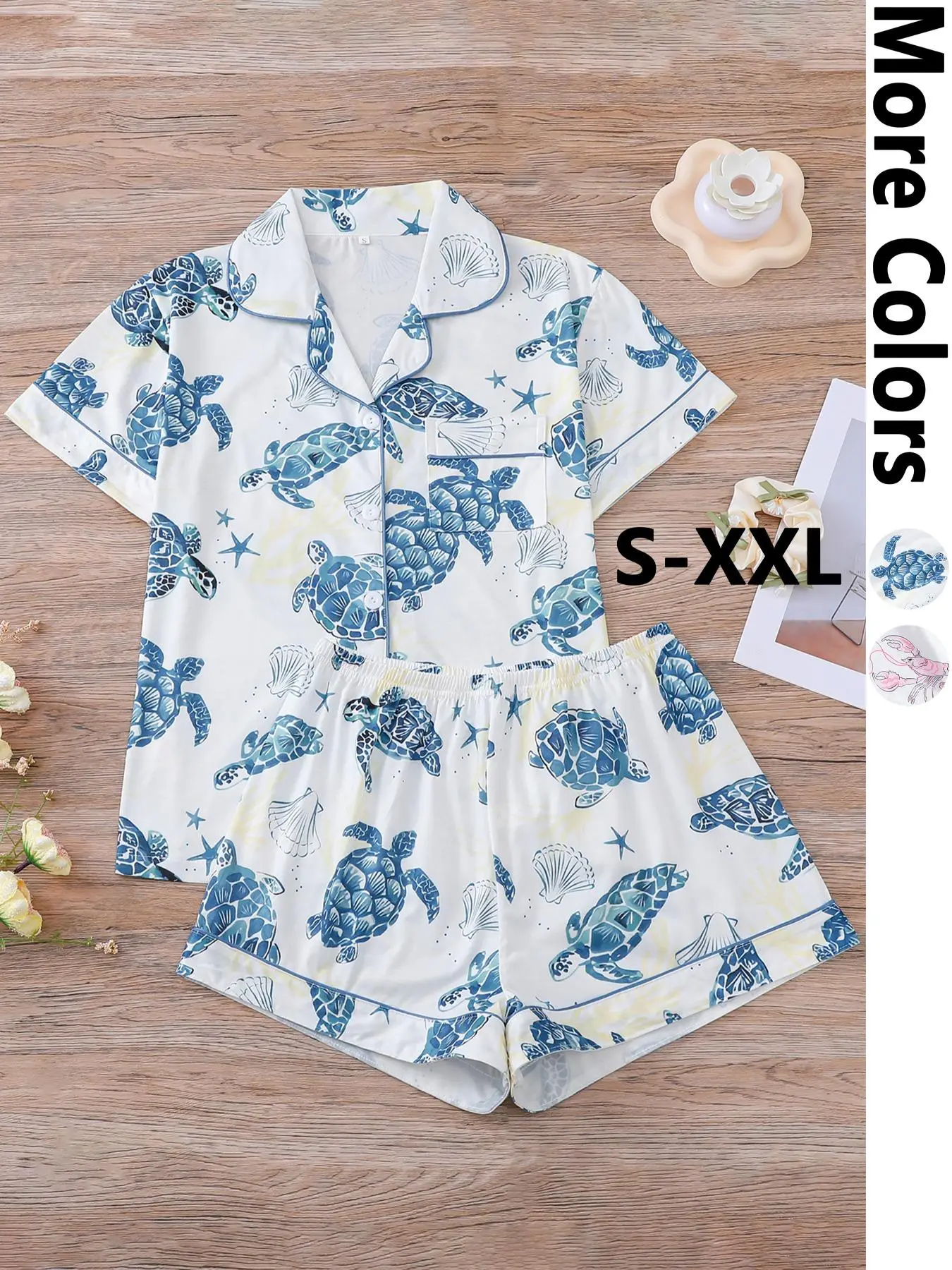 Women's All Over Print Top & Elastic Waist Shorts Pajama, Casual Comfy Short Sleeve Top & Shorts Set, Ladies Summer Sleepwear