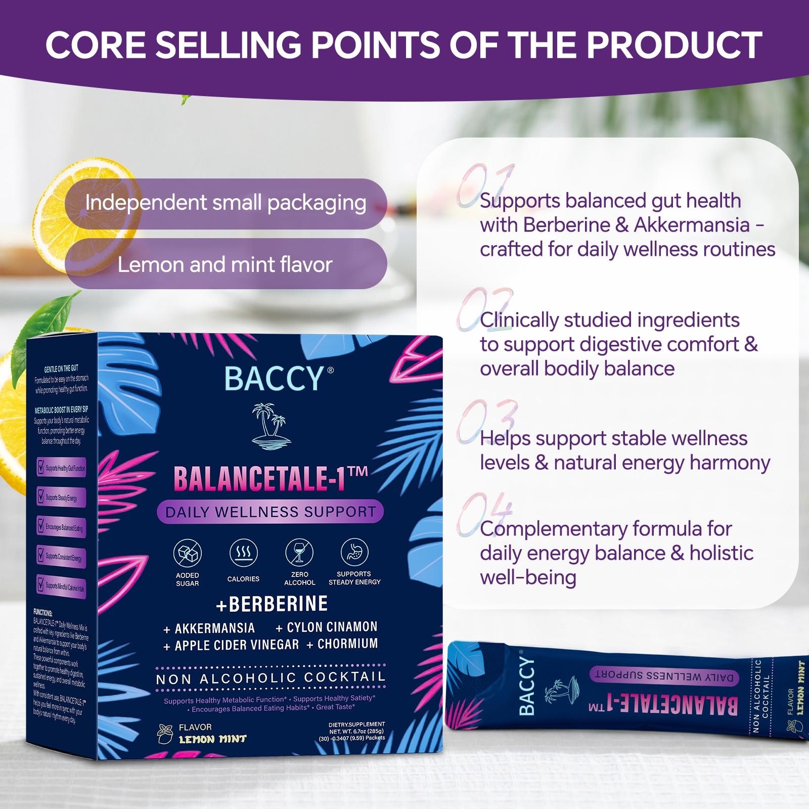 BACCY MOCKTALE-1 Metabolic Support with Berberine& Akkermansia, Chormium, Cylon Cinamon, Apple CiderVinegar - 30 Packets Lemon Mint Flavor Non-AlcoholicCocktail I Powdered Supplement Drink Mix Healthcare Edible Drink