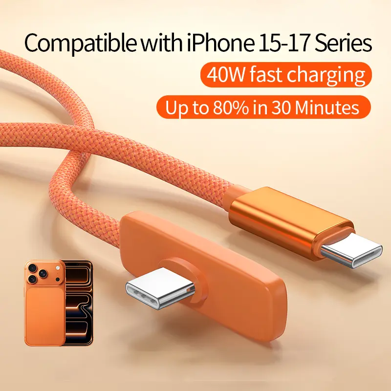 40W right-angle cable compatible with iPhone 15/16/17 Pro Max; PD Type‑C charger, USB‑C 90° gaming cable that doesn’t obstruct hands, durable braided cord for gaming use, Type‑C interface cable Fast Charging Supported Smartphone