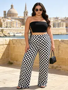Plus Size Retro Chessboard Plaid Casual Palazzo Wide Leg Pants, Comfortable Adjustable Elastic Drawstring Waist Design, Perfect for Music Festivals, Shopping, Commuting