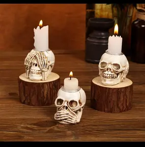 Christmas Skull Candle Holder - Spooky Skeleton Bone Candlestick for Haunted House, Escape Room, Horror Party Decorations & Movie Props
