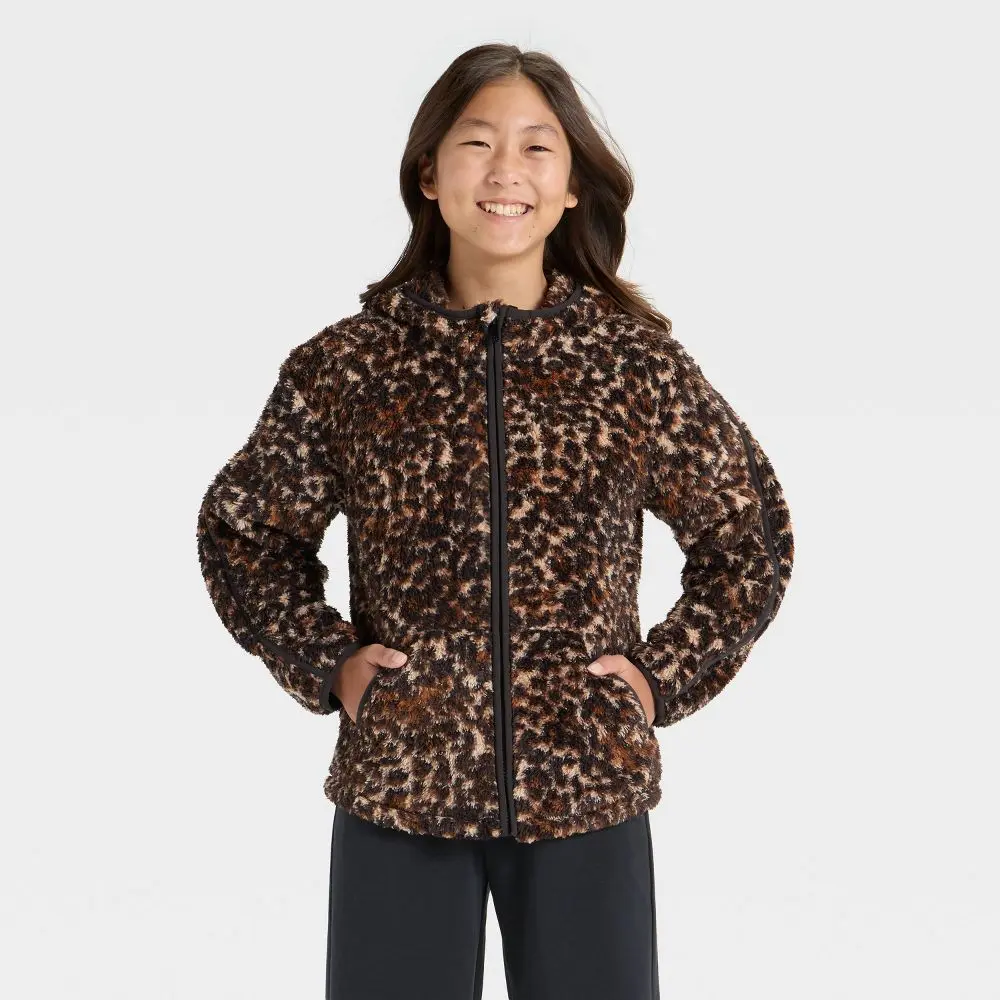 Girls' High Pile Recycled Poly Full Zip Hooded Jacket - All In Motion Casual Comfy Jacket, Regular Fit Girls Clothes for School Travel, Sports & Outdoor Professional Apparel