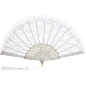 Lace Handheld Folding Fan Embroidered Flower Bridal Hand Fan Chinese Japanese Vintage Fan for 1920s Costume Wedding Dancing Tea Party (1, White)