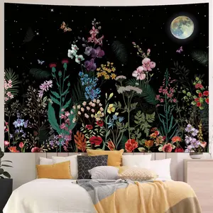 Generleo Floral Plants Tapestry Galaxy Moon Tapestries Vintage Boho Flower Butterfly Tapestries Starry Sky Nature Landscape Tapestry Wall Hanging for Bedroom Decor Peach